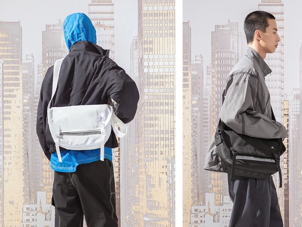 Cordura messenger bag worn by urban cyclist